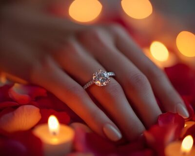 sparkling-engagement-ring-displayed-elegantly-soft-rose-petals-glowing-candles_1033622-3300