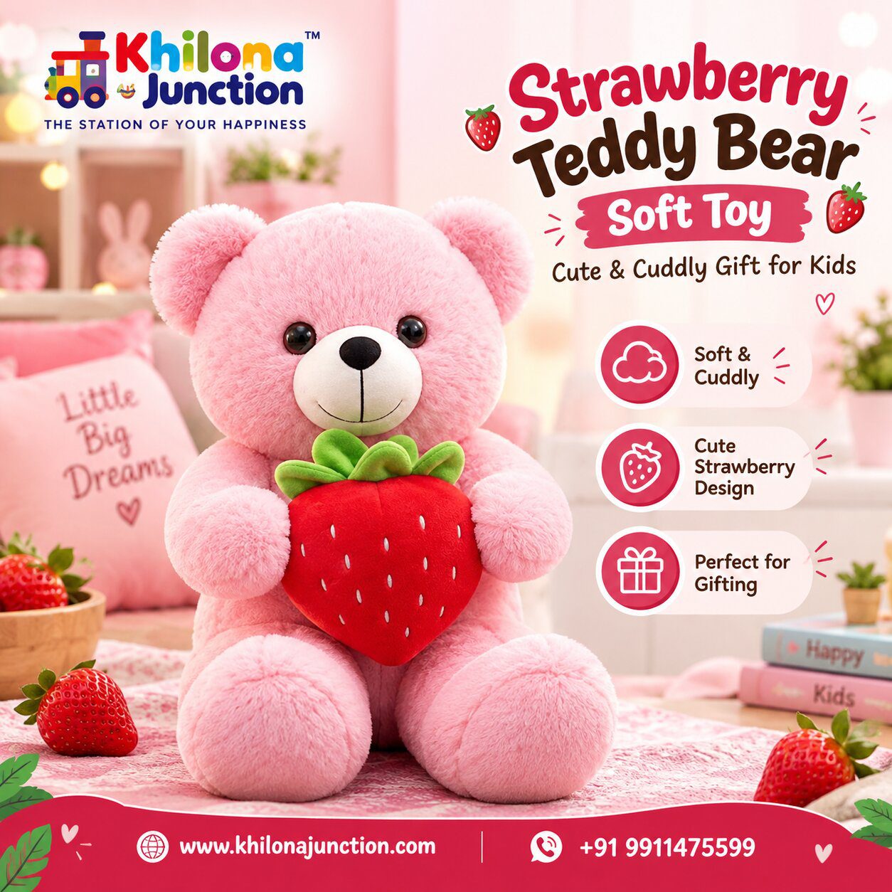 Strawberry Teddy Bear Soft Toy | Cute & Cuddly Gift for Kids