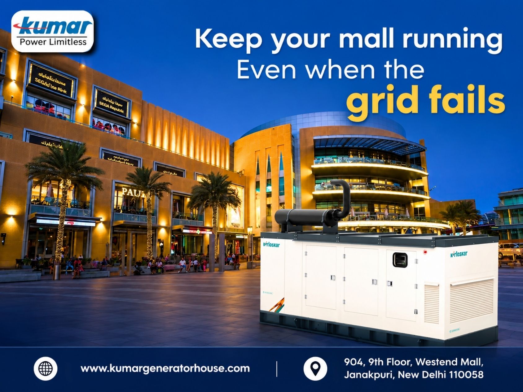 Kirloskar Generators for Reliable Mall Power Backup