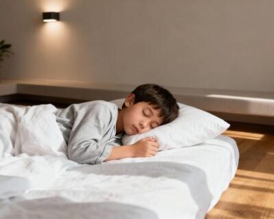 young-boy-peacefully-sleeping-on-a-cozy-bed-with-soft-white-bedding-sunlight-streaming-through-the-window-creating-a-serene-and-calming-atmosphere-in-a-modern-bedroom-free-photo